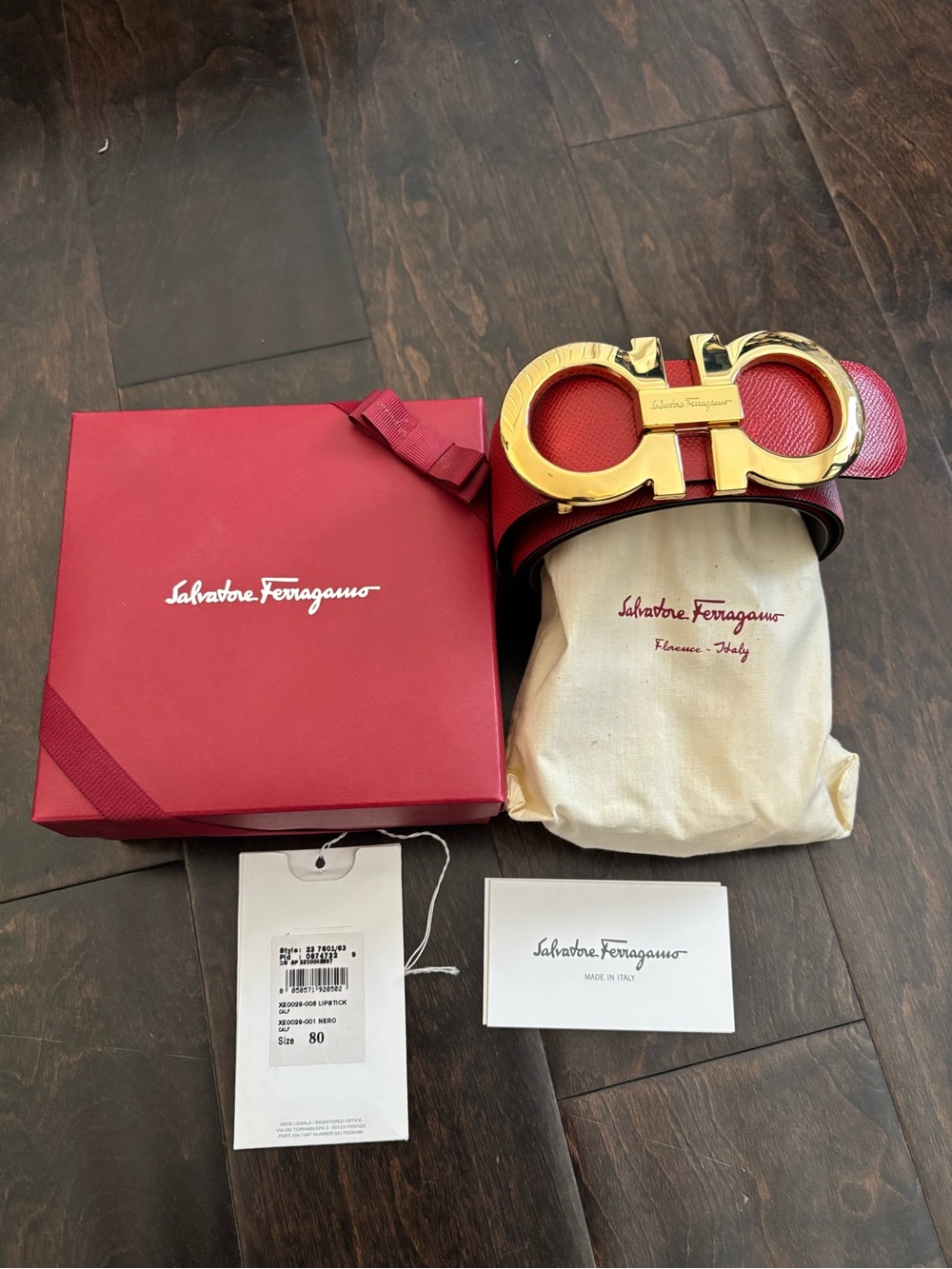 Salvatore Ferragamo Red Leather Gancini-Style Belt with Gold Hardware